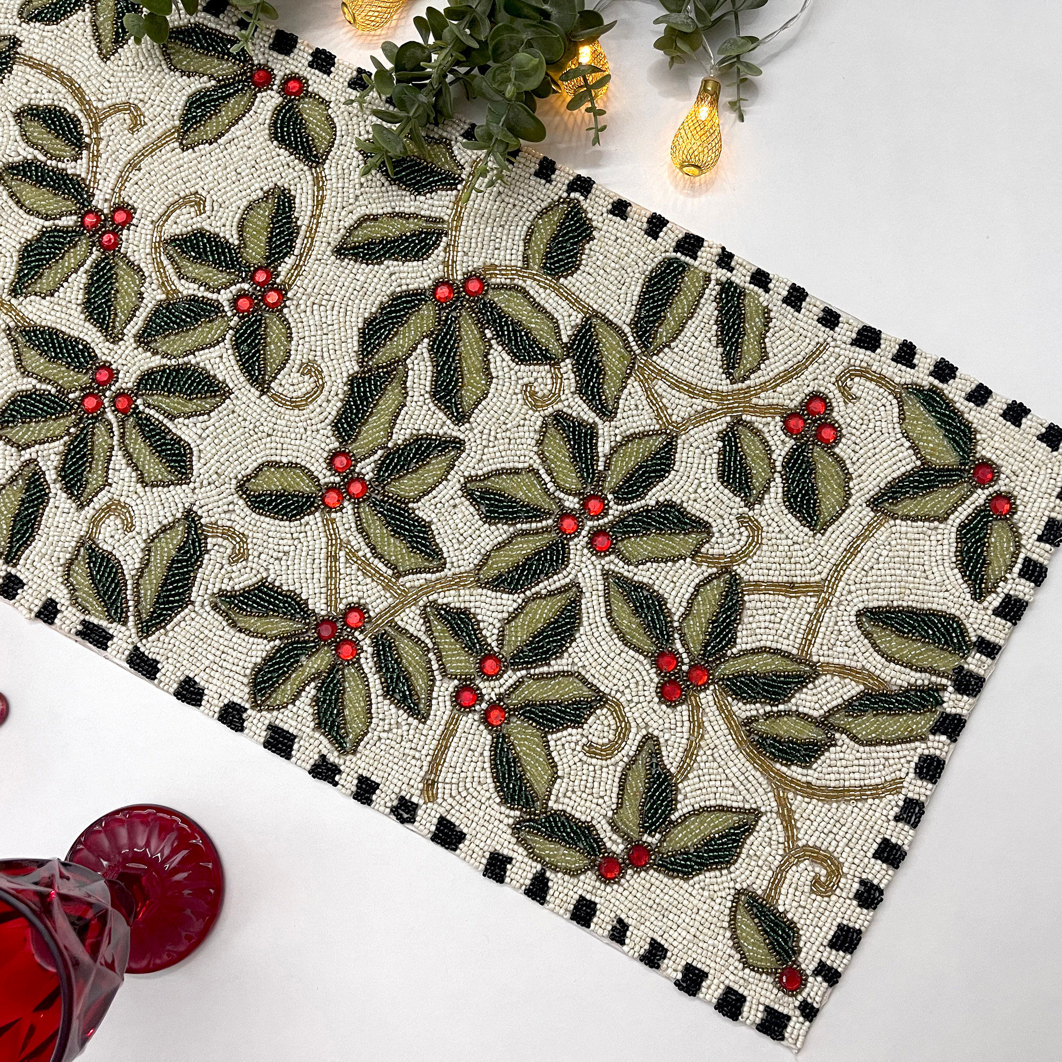 Handmade Christmas table runner, beaded runner, multi colour, 13x36inch