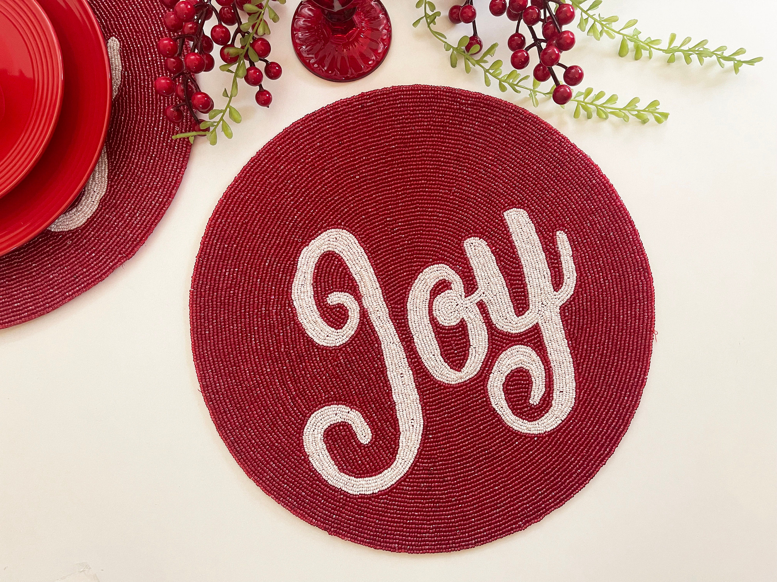 Set of 6, Christmas 'Joy' placemat, handmade beaded table mat