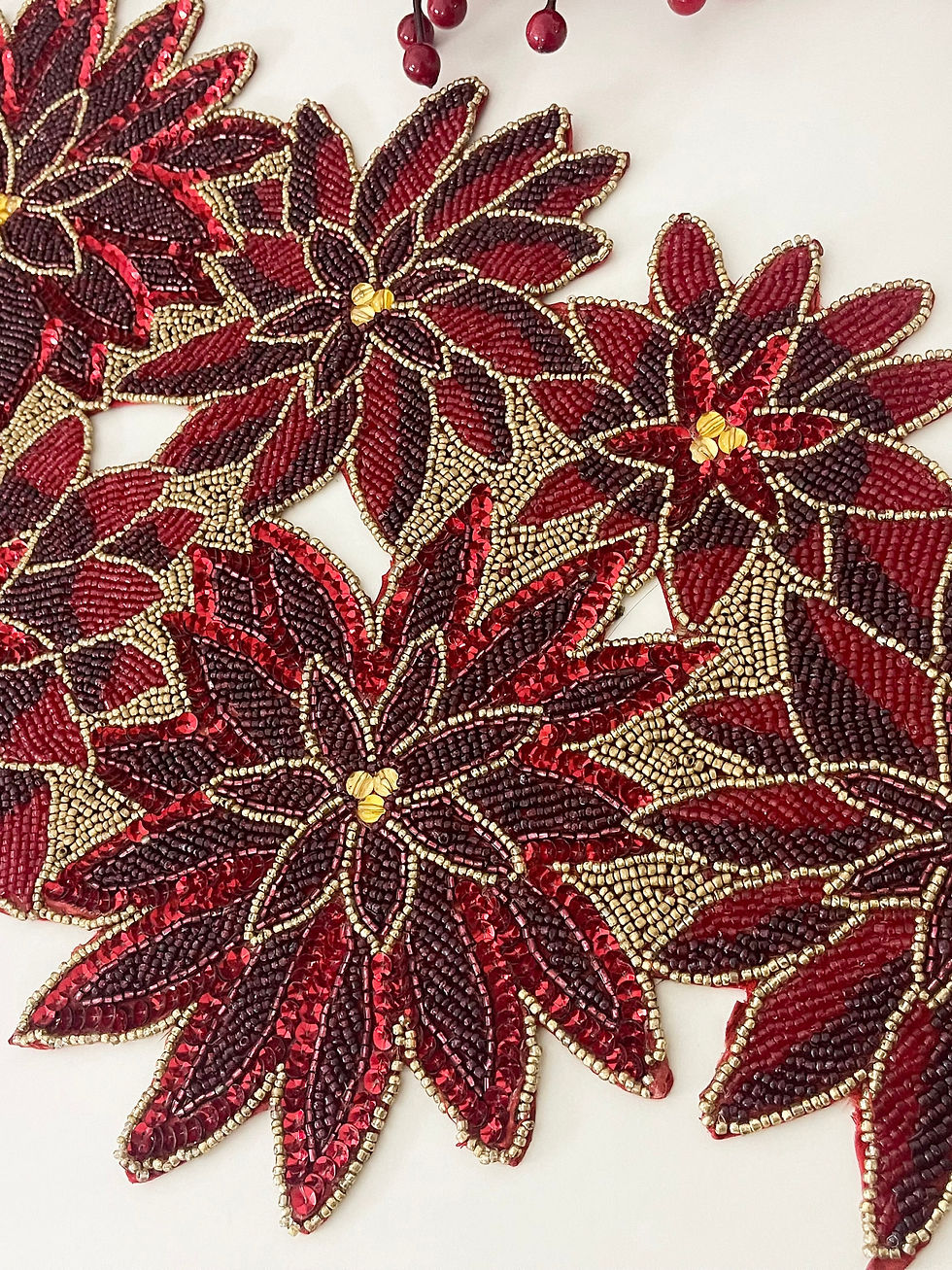 Thumbnail: Christmas handmade table runner, floral beaded, Poinsettia runner, 13x36inch