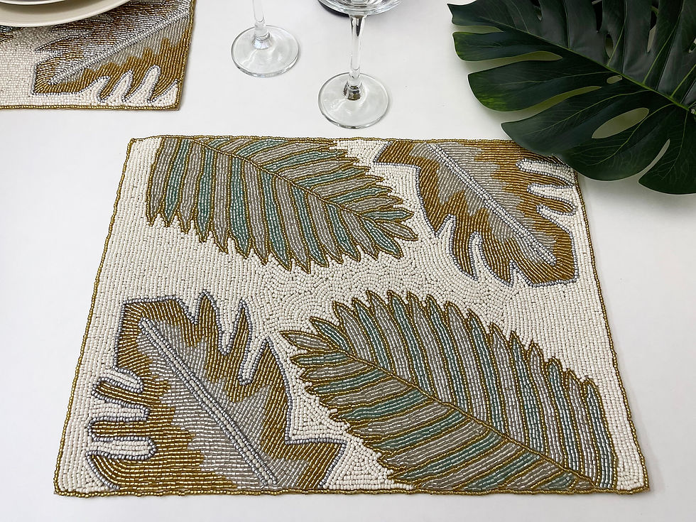 Set of 4, Handmade beaded placemat, beaded tablemat, leaf designs