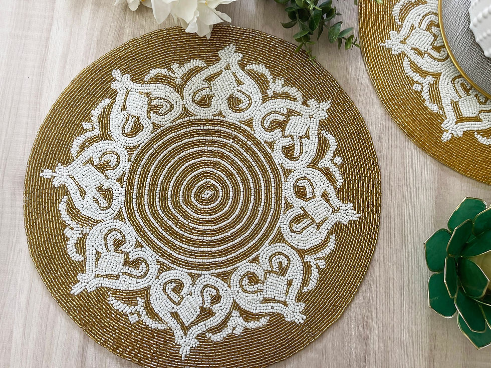 Thumbnail: Set of 4, Handmade beaded placemat, Gold and White, bead charger