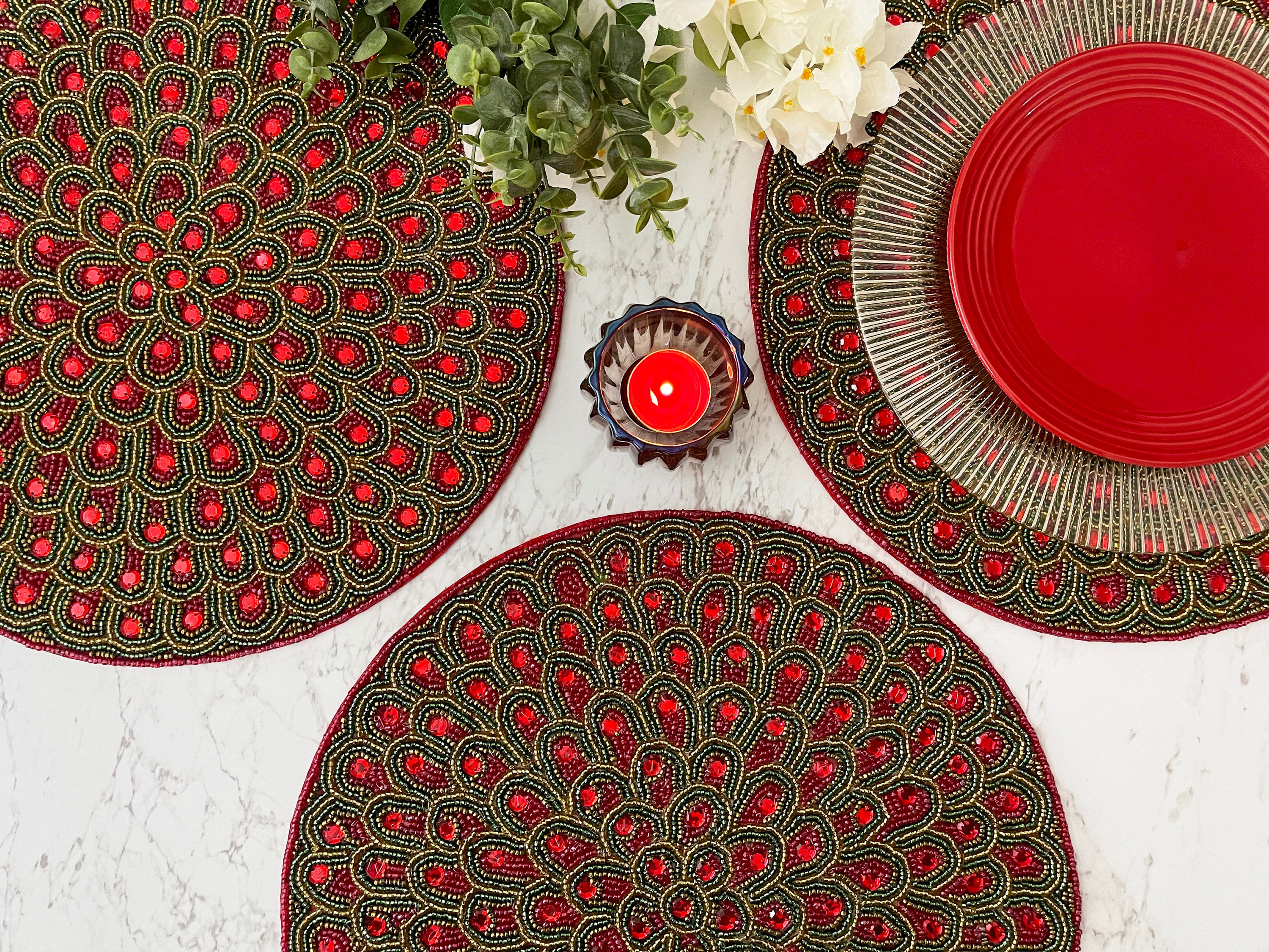 Set of 4, Handmade beaded placemat, tablemat, 14 inch, red green gold, Christmas