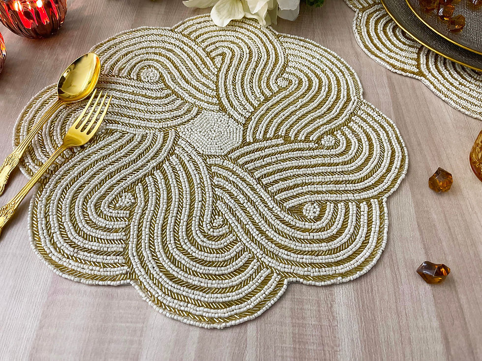 Thumbnail: Set of 4, Handmade placemat, scalloped beaded tablemat, white with gold