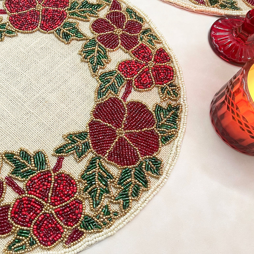 Thumbnail: Set of 4, Handmade spring floral beaded placemat on burlap, multicolor, 14inch