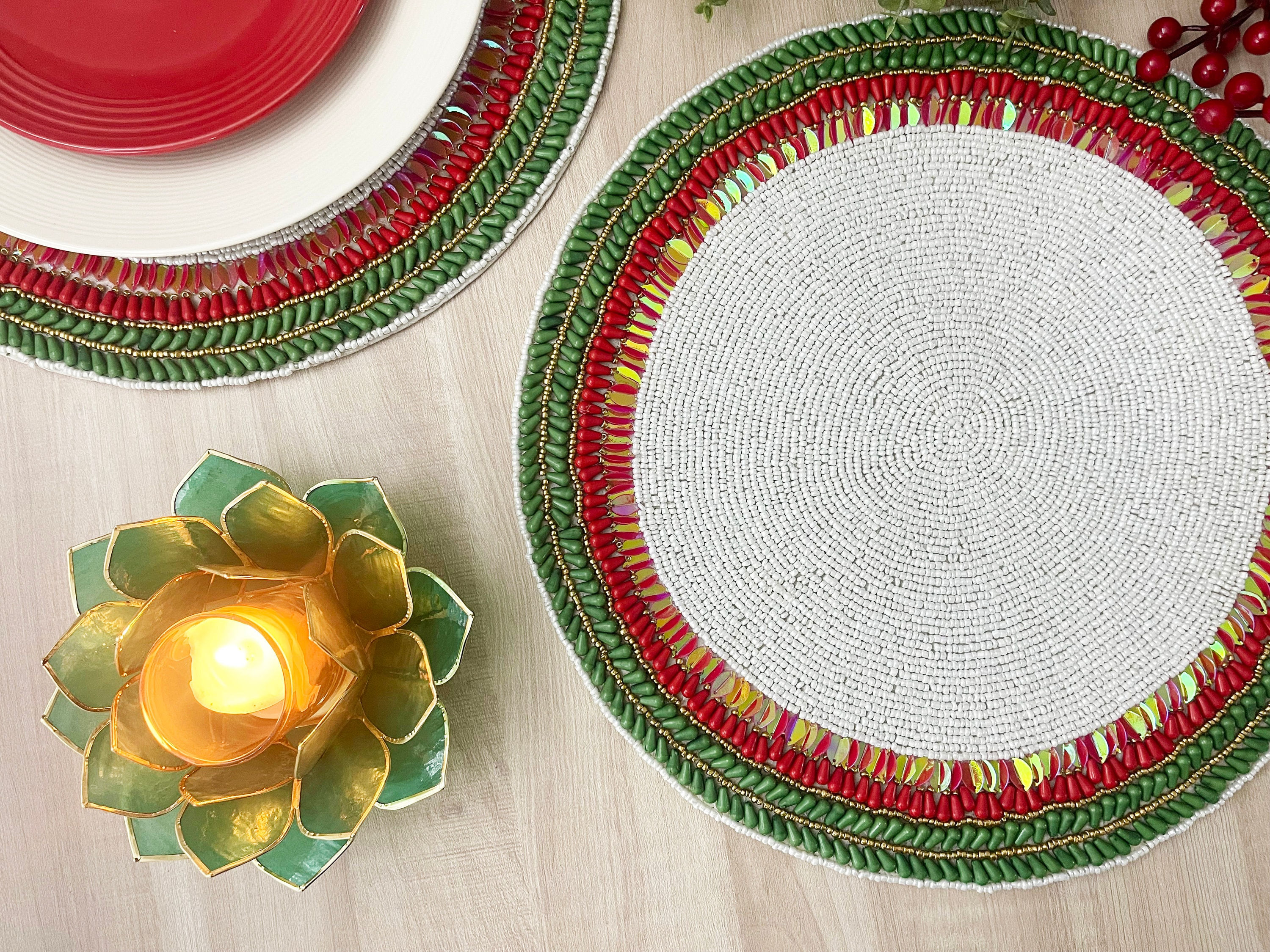 Set of 4, Handmade floral beaded placemat, tablemats, bead charger, 14 inch