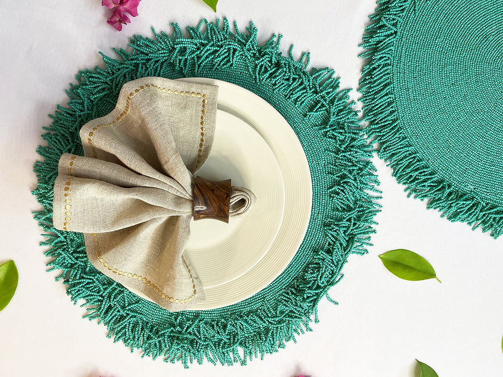 Set of 4, Handmade beaded placemat, tablemat, 15 inch, sea green