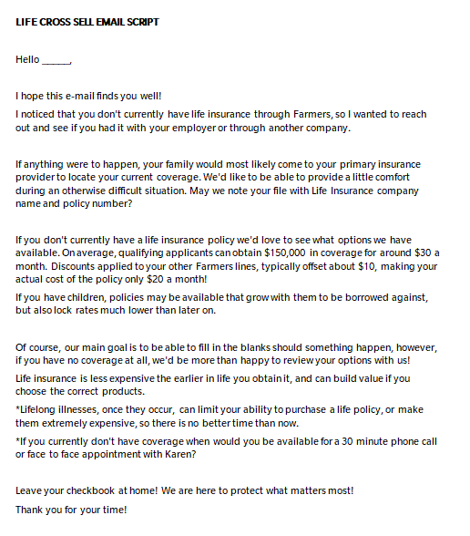 Life Cross Sell Email Script