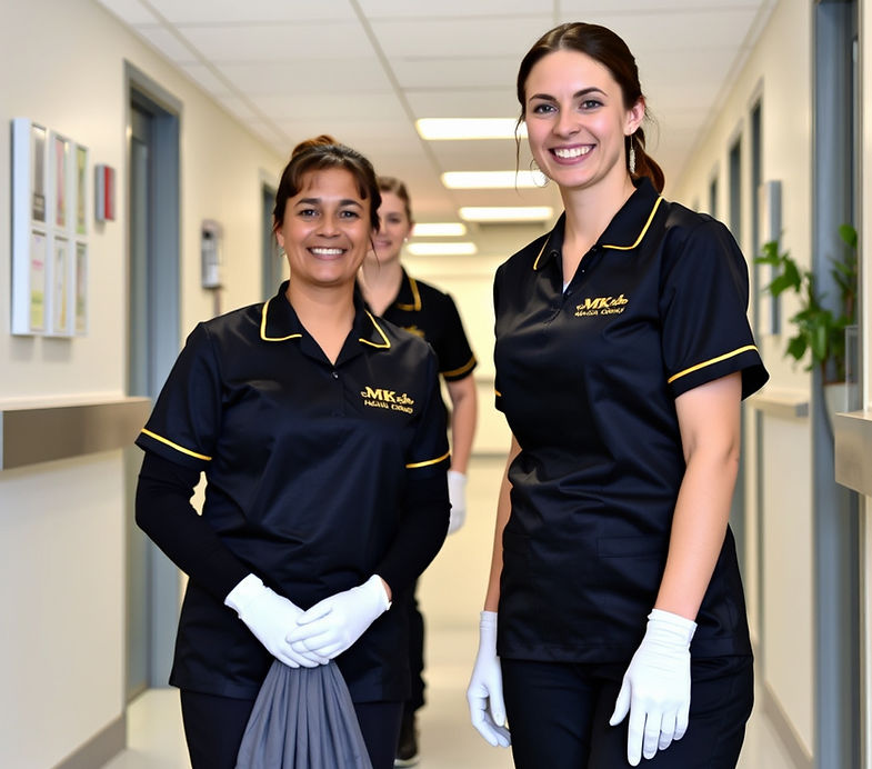 ladies cleaning medical centre wearing black MK Facility Group uniform (gold print).jpg