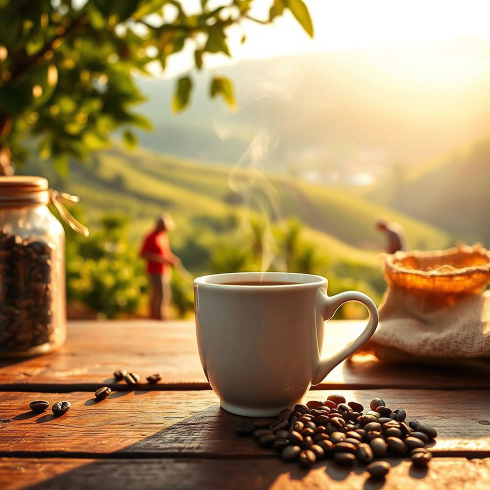 Steaming coffee cup on wooden table with coffee beans, Cafecito Blend, scenic background.