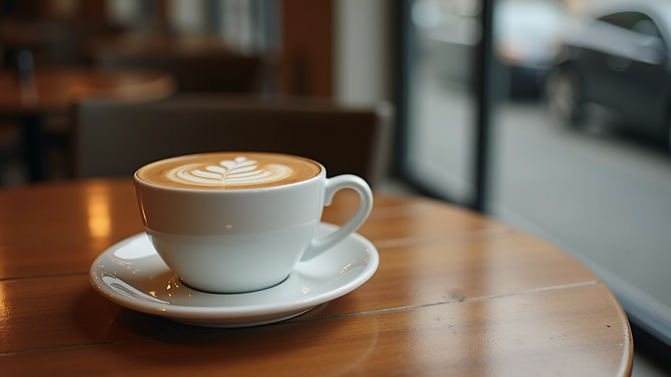 Close-up view of a latte art coffee cup on a wooden table