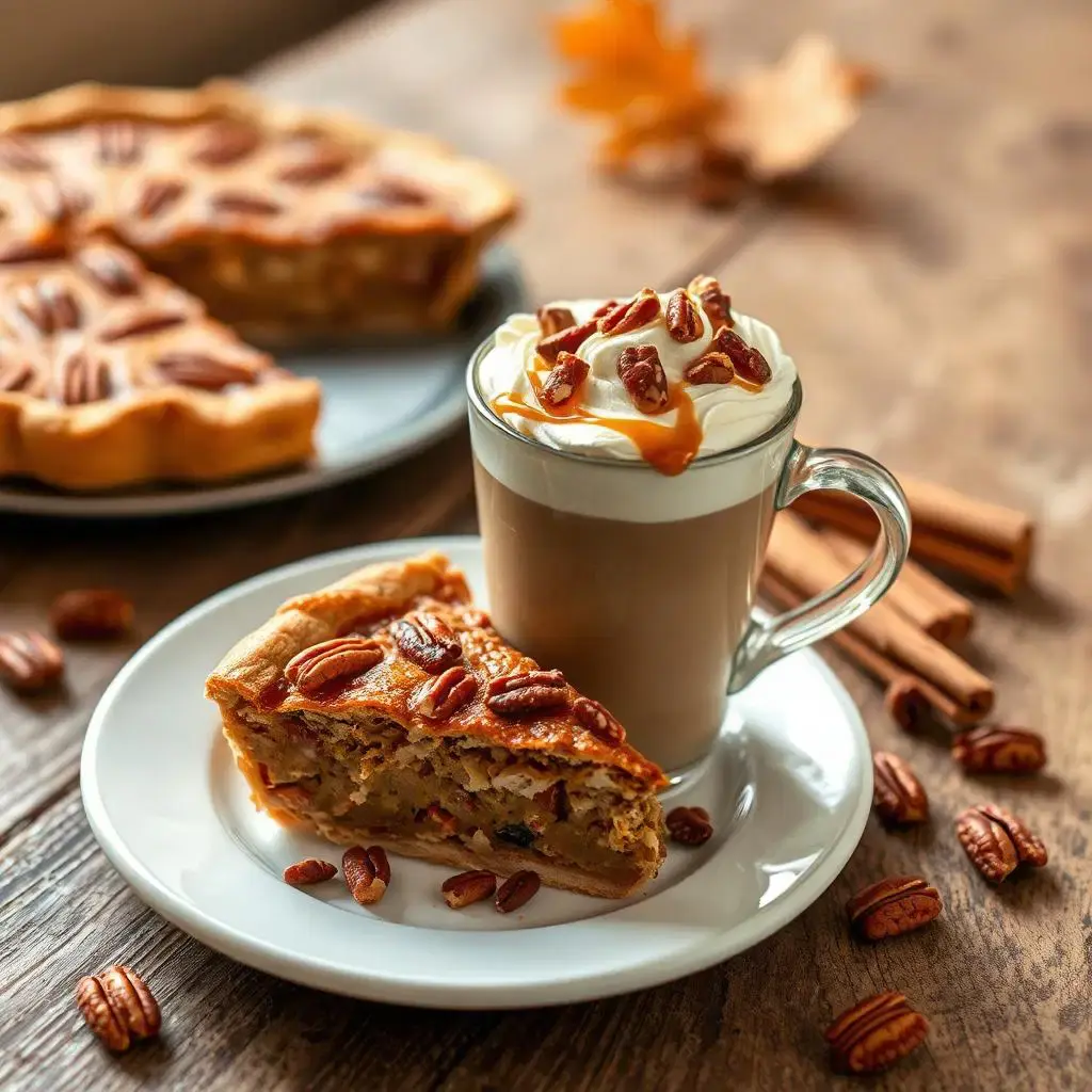 Slice of pecan pie with coffee and cinnamon sticks on wooden background