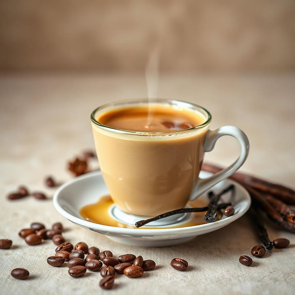 Steaming coffee cup sitting on saucer with beans and French Vanilla.