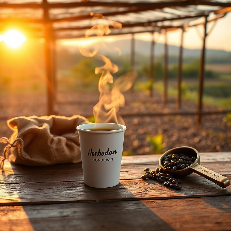 Steaming coffee cup and roasted beans on wooden table, Hindadan text.