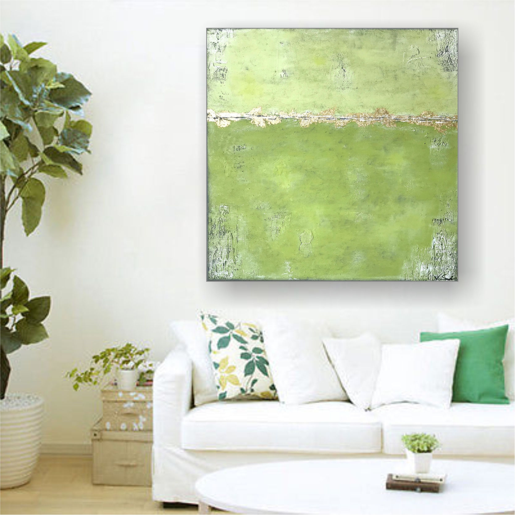 XL Acryl Gemälde "SPRING" 90x90 Abstrakt mit Blattgold