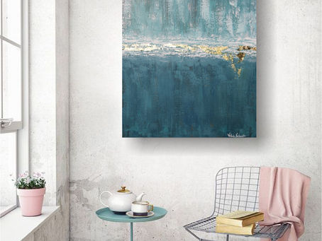 Abstraktes Acrylbild "Blue Ocean" mit Goldblatt