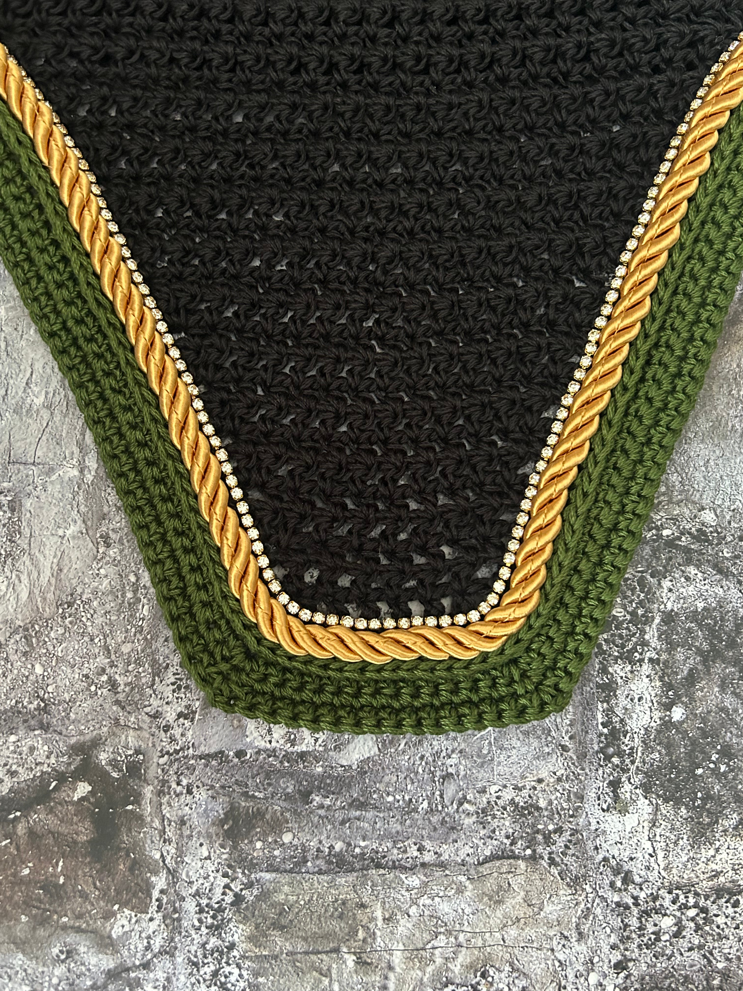Horse Square - Black, Pine & Gold Braid, Rhinestones
