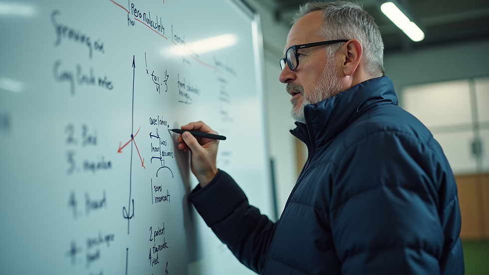 Eye-level view of a football coach explaining tactics on a whiteboard