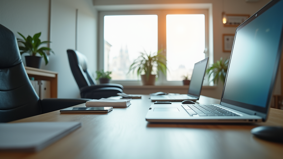 Eye-level view of a clean and organized office workspace