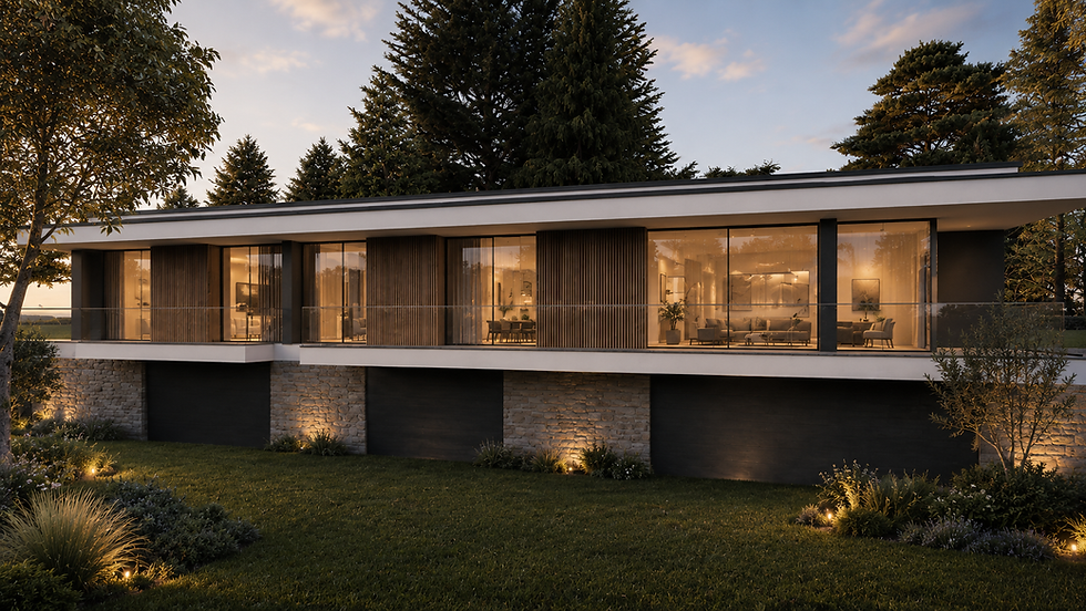 Projeto de arquitetura contemporânea com jardim, piscina e integração paisagística