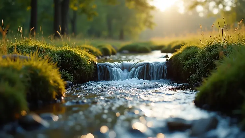 A tranquil forest stream with clear water gently cascading over small rocks, surrounded by lush green moss and grass. The early morning or evening sunlight creates a serene glow.