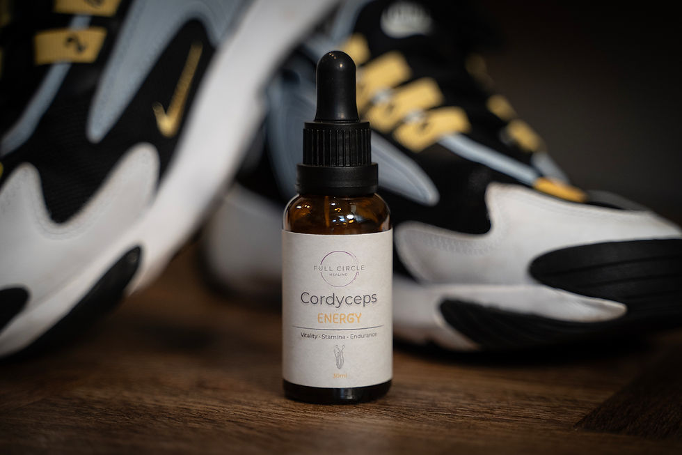 Bottle of Cordyceps Energy extract on wooden surface, with black and white sneakers in the background. Label highlights vitality.