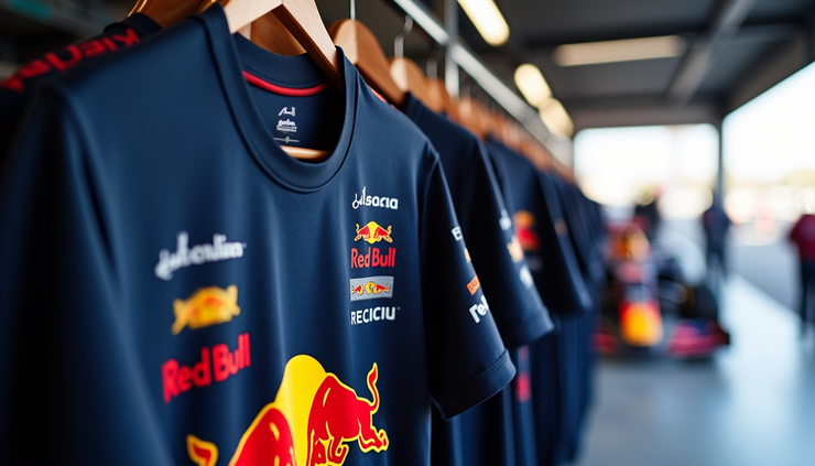 Eye-level view of Red Bull Racing T-shirt displayed on a hanger against a racing garage backdrop