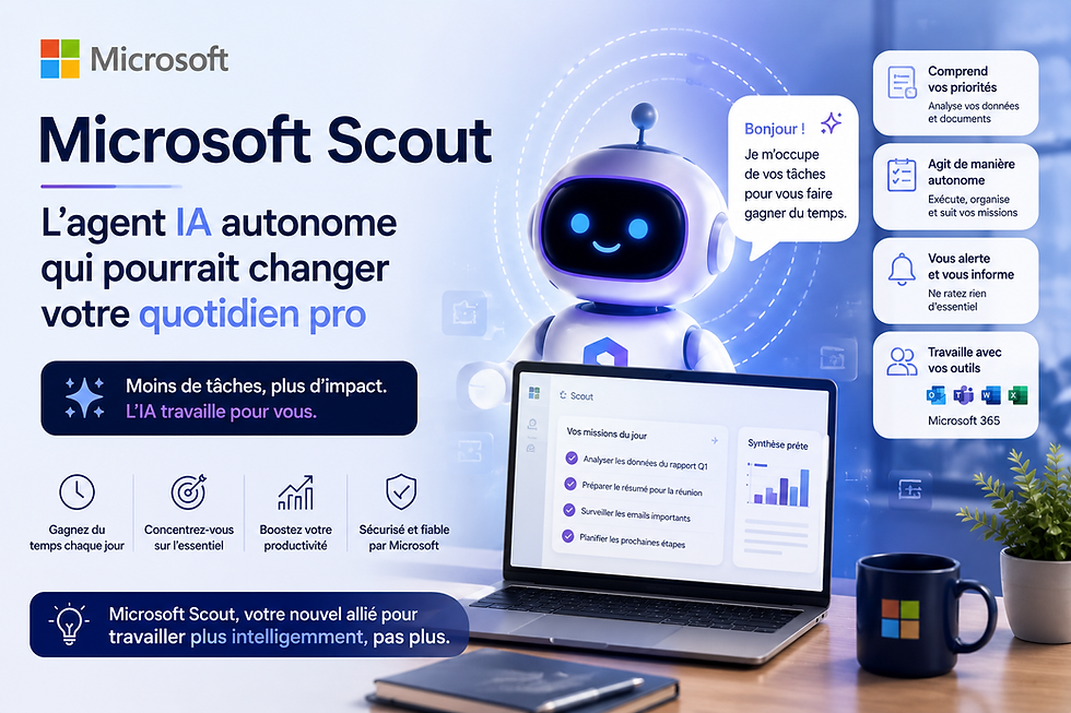 Microsoft Scout, agent IA autonome de Microsoft 365, illustré en train d'automatiser des tâches professionnelles. L'intelligence artificielle aide les entreprises à gagner du temps grâce à la planification, l'analyse de données, la gestion des priorités et l'exécution de tâches répétitives.