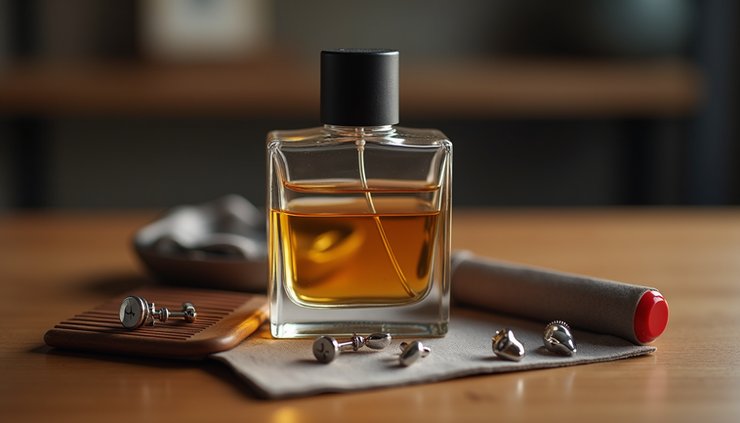 Close-up view of grooming essentials including cologne, comb, and cufflinks arranged on a wooden table