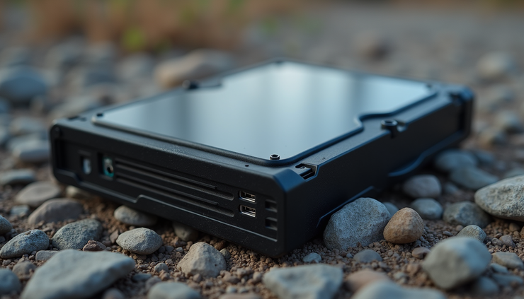 Close-up view of a rugged external hard drive with a rubber bumper on a rocky surface