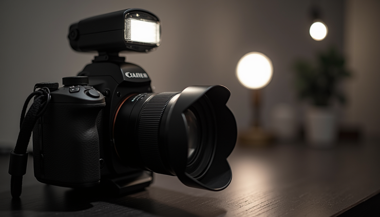 High angle view of an external flash attached to a camera ready for use