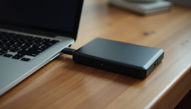 Close-up view of an external hard drive connected to a laptop for photo backup