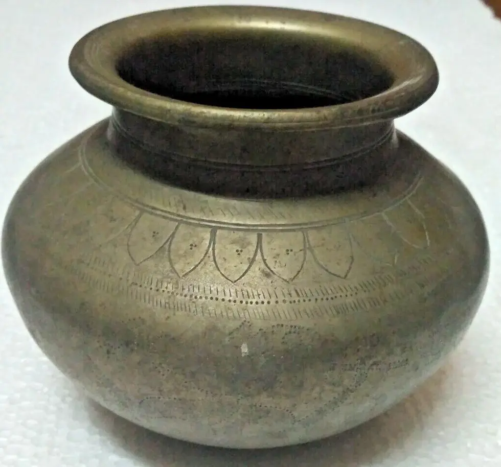 Thumbnail: INDIA ANTIQUE BRASS  POT / LOTA ORIGINAL WITH ENGRAVED SUN GOD , MAN , ELEPHANT