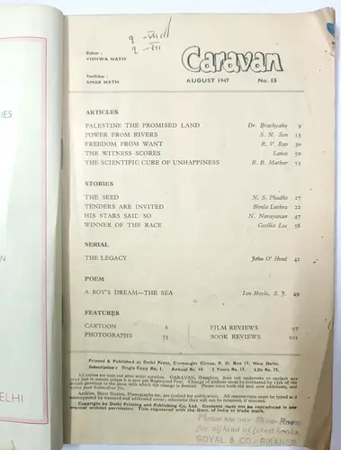 Thumbnail: INDIA VINTAGE MAGAZINE: THE CARAVAN AUG 1947 FREEDOM FROM WANT, CURE OF UNHAPPIN