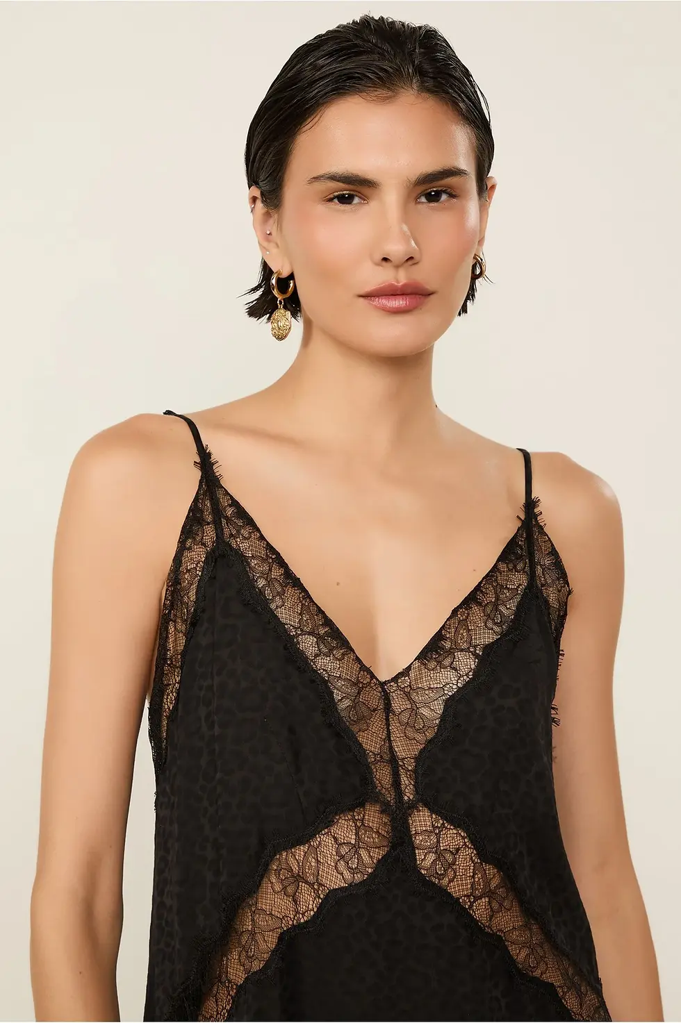 Miniatura: Vestido De Jacquard De Alça Preto Com Aplicações De Renda