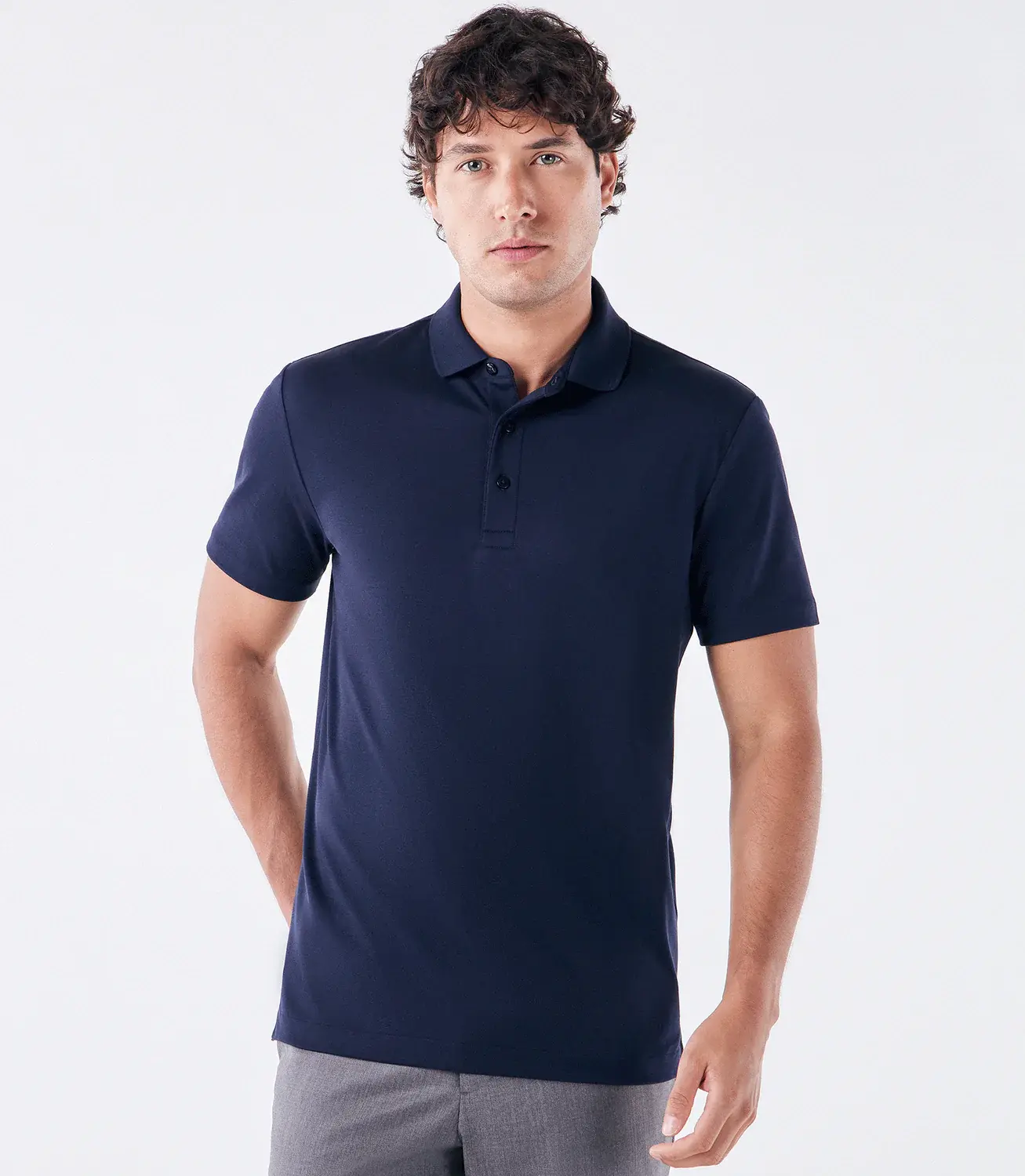 Camisa Polo Interloque Fio 140 Três Botões Azul Es Ricardo Almeida