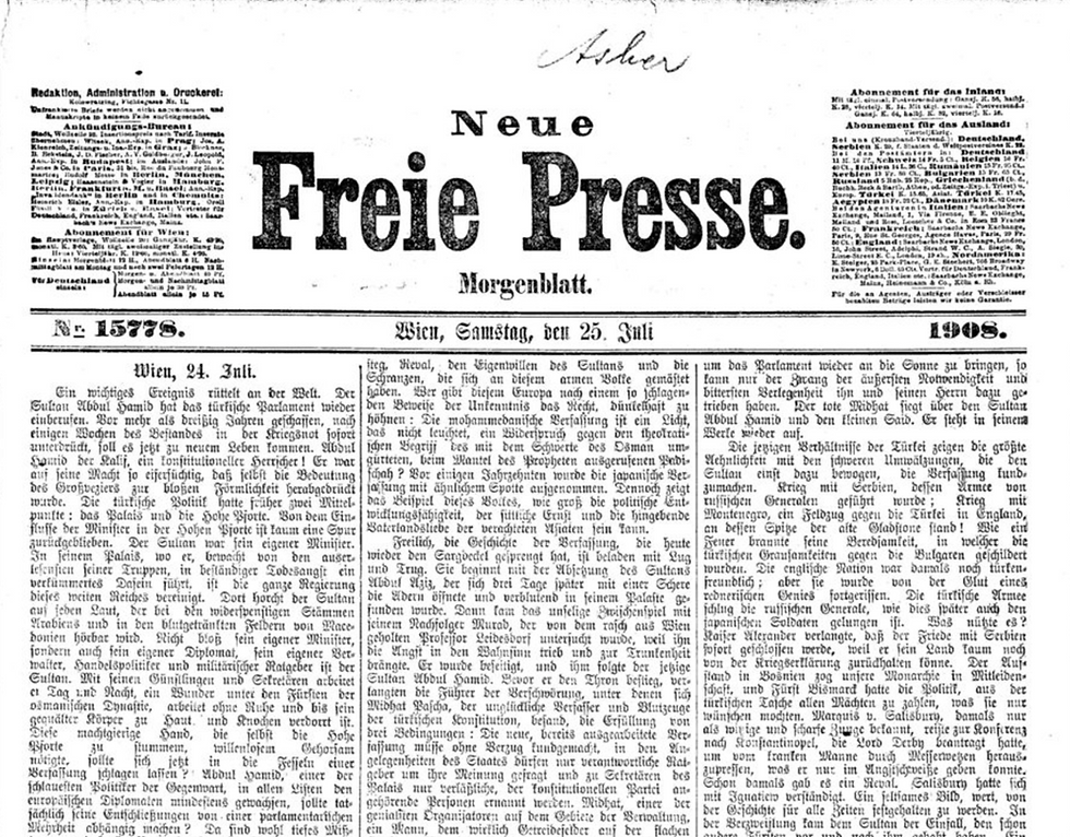 Neue Freie Presse'nin 25/07/1908 tarihli kupürü