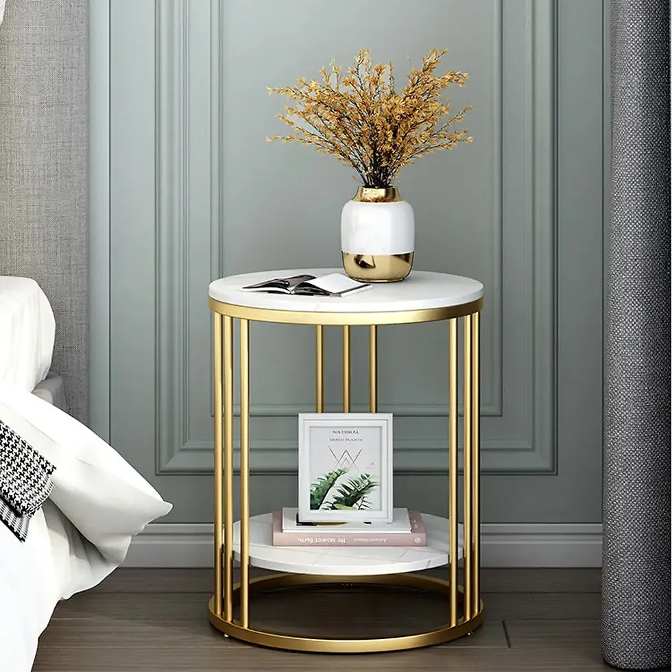 Thumbnail: 2-Tier White Marble Side Table Round Coffee Table Nightstand Jewellery Storage