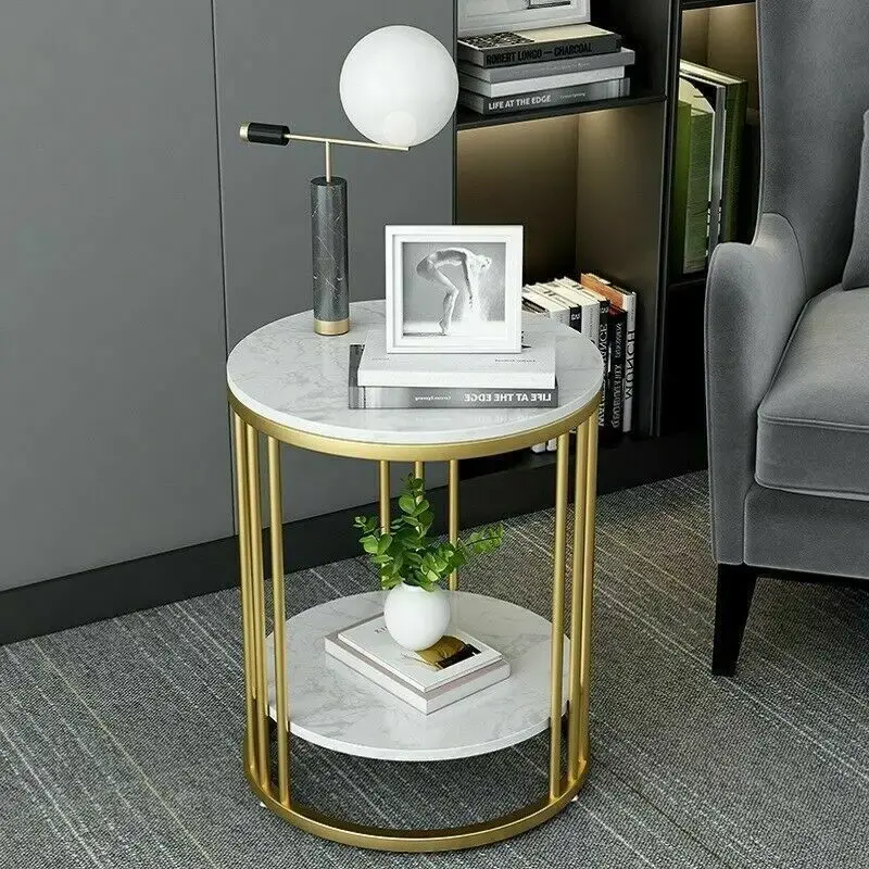 Thumbnail: 2-Tier White Marble Side Table Round Coffee Table Nightstand Jewellery Storage