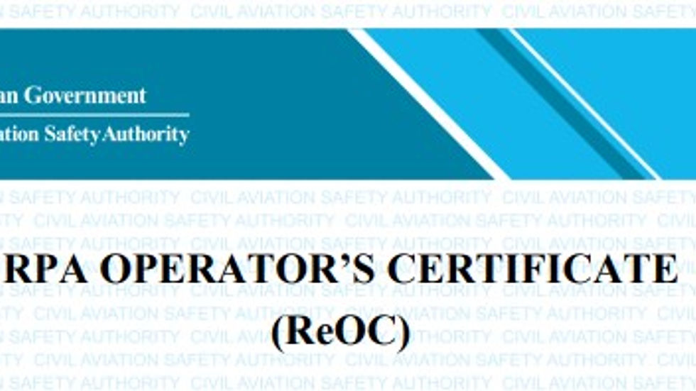 Australian Government Civil Aviation Safety Authority document titled RPA Operator’s Certificate (ReOC), blue header with emblem.
