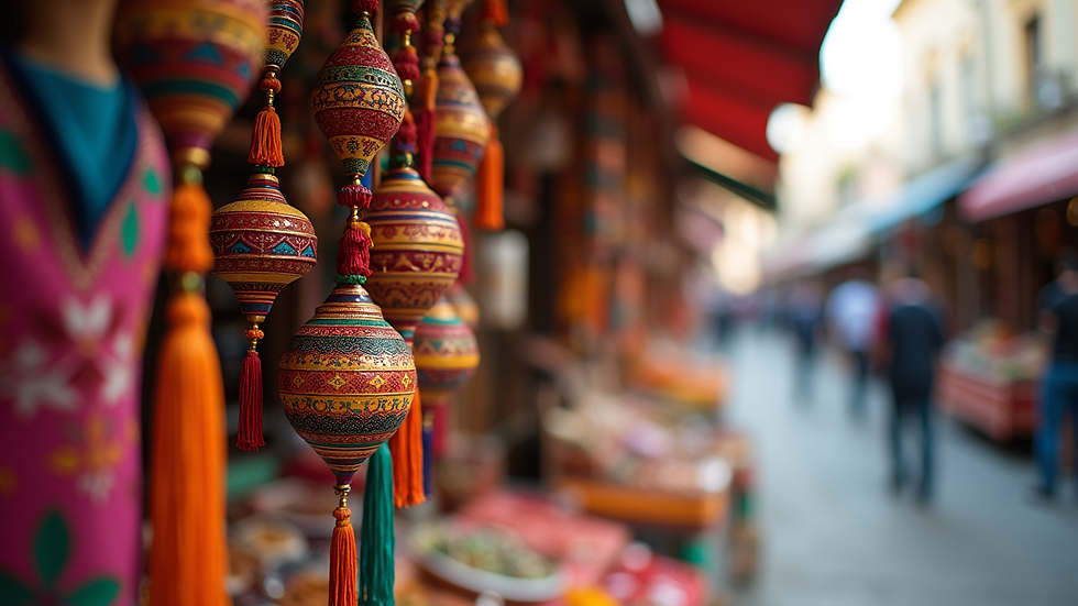 Eye-level view of a vibrant market stall featuring traditional Hispanic decorations
