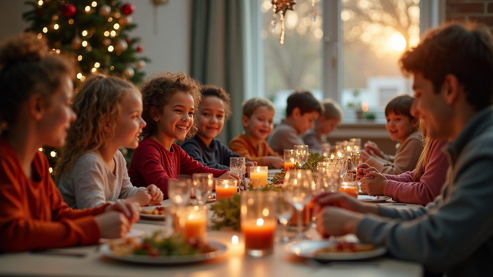 High angle view of a community gathering for a holiday meal event