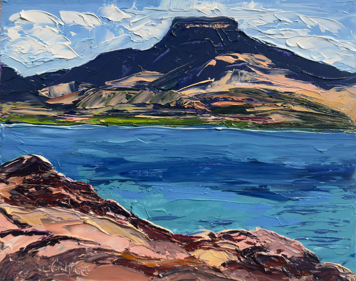 Turquoise Reservoir with Pedernal, Abiqui 8_ x 10_ Oil on board