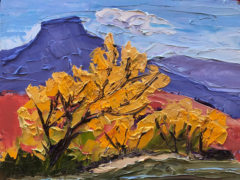 Dancing Cottonwoods with Pedernal. 8_ x 10_ oil on panel