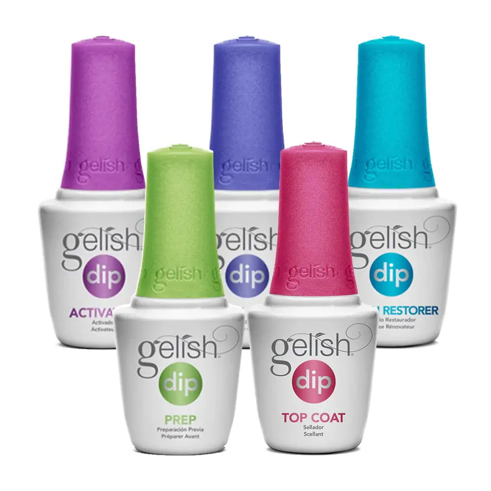 GELISH DIP SYSTEM KIT: PREP, BASE COAT, ACTIVATOR, TOP COAT, BRUSH RESTORER