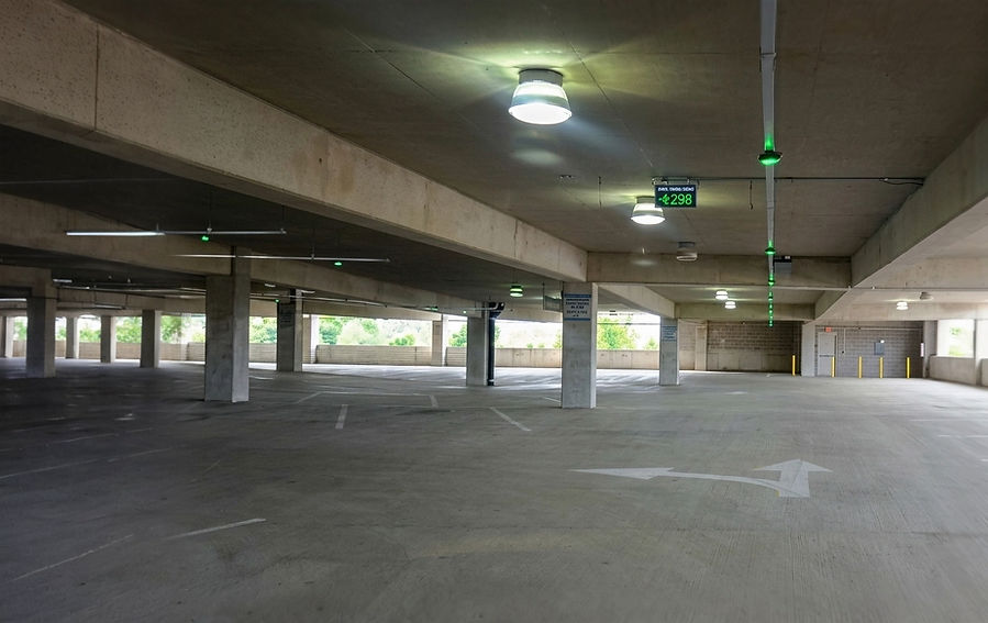 Keytop Video Parking Guidance System at Shreveport Convention Center garage in Louisiana, showing green guidance lights and a digital sign displaying 298 available spaces.