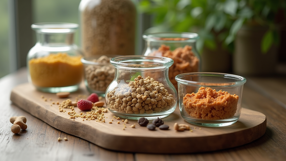 High angle view of natural ingredients displayed in small glass containers