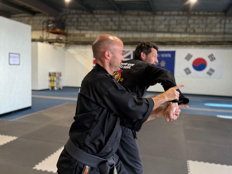 Close-up view of a martial artist adjusting stance and posture on the training mat