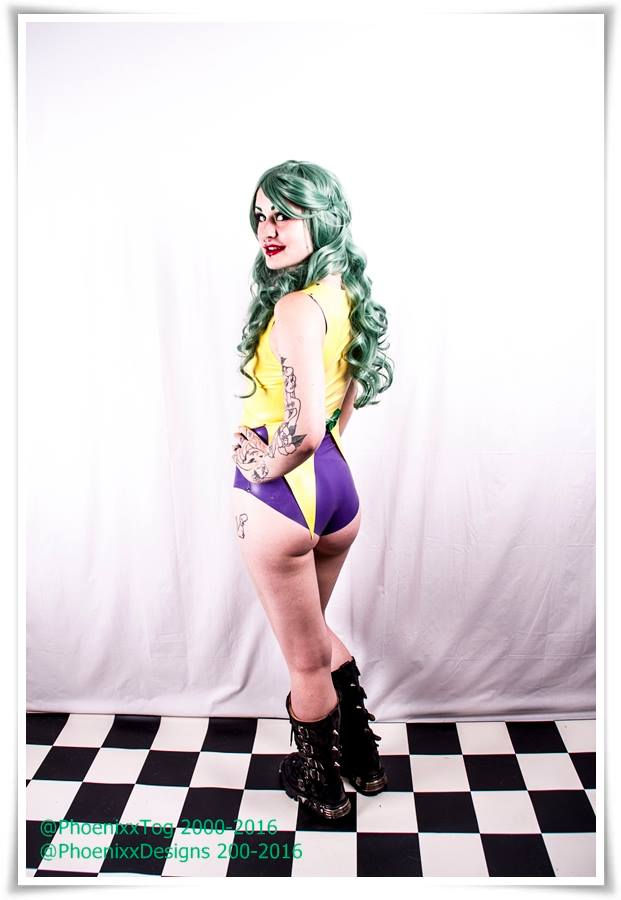 Thumbnail: Uk Size 10 - Petite Size Latex Purple Leotard, Yellow Waistcoat, Green Tie ..