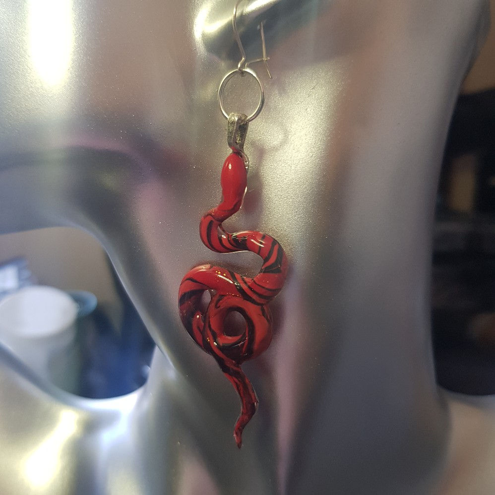 Cherry Red & Black Coiled Snake Drop Earrings ..