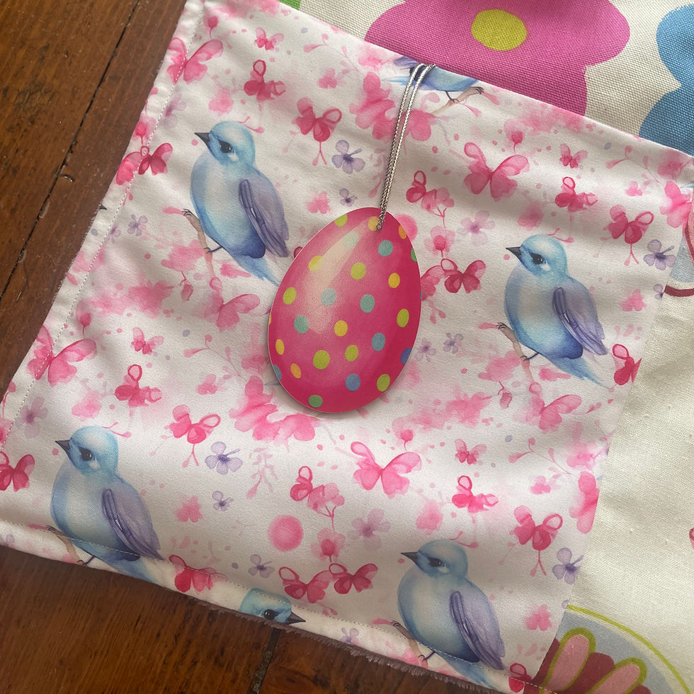 Thumbnail: Pink spotted egg charm on a bird and butterfly print panel.